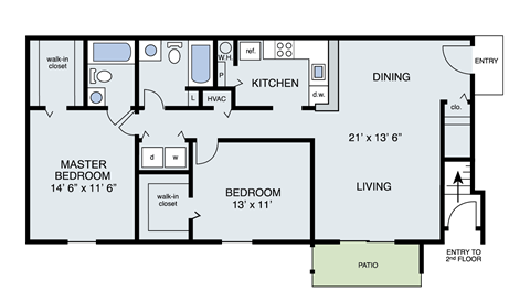 Floor plan for 2 beds, 2 baths, 1087 sqft